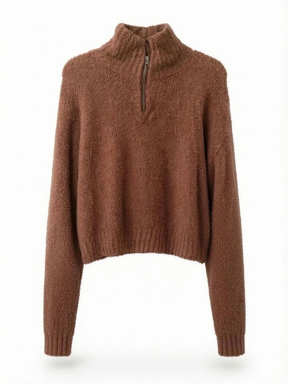 Hollister Women's Brown Half-Zip Sherpa Turtleneck Sweater
